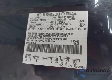 2003 Ford Ranger Edge/Tremor/Xl/Xlt z USA, uszkodzony, nr VIN 1FTYR14V43PA46236